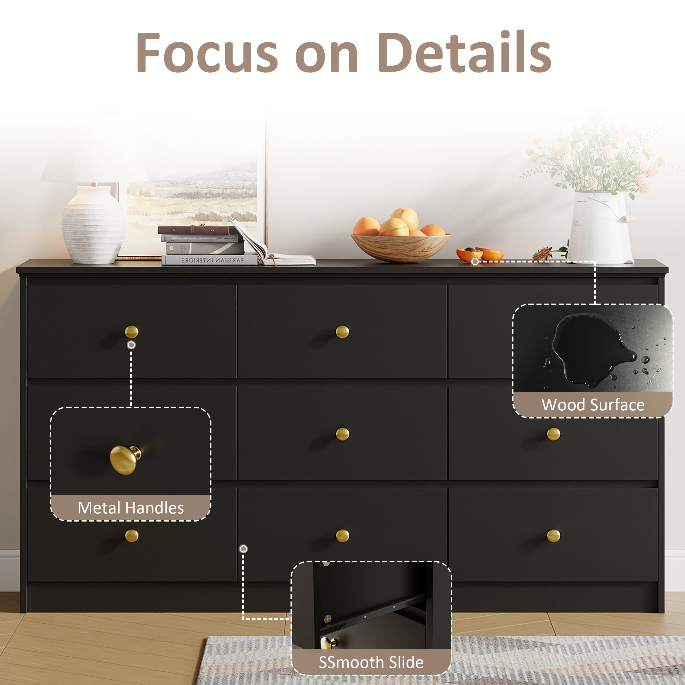 YouTrend 9 Drawer Dresser for Bedroom, Black Wood Adult Dresser with Metal Handles for Living Room, Hallway