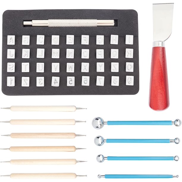 Juego de 48 piezas de punzones metálicos para estampar cuero, incluye punzones de 8 mm para letras y números, herramienta para rebajar cuero con mango y bolígrafos de trazado.