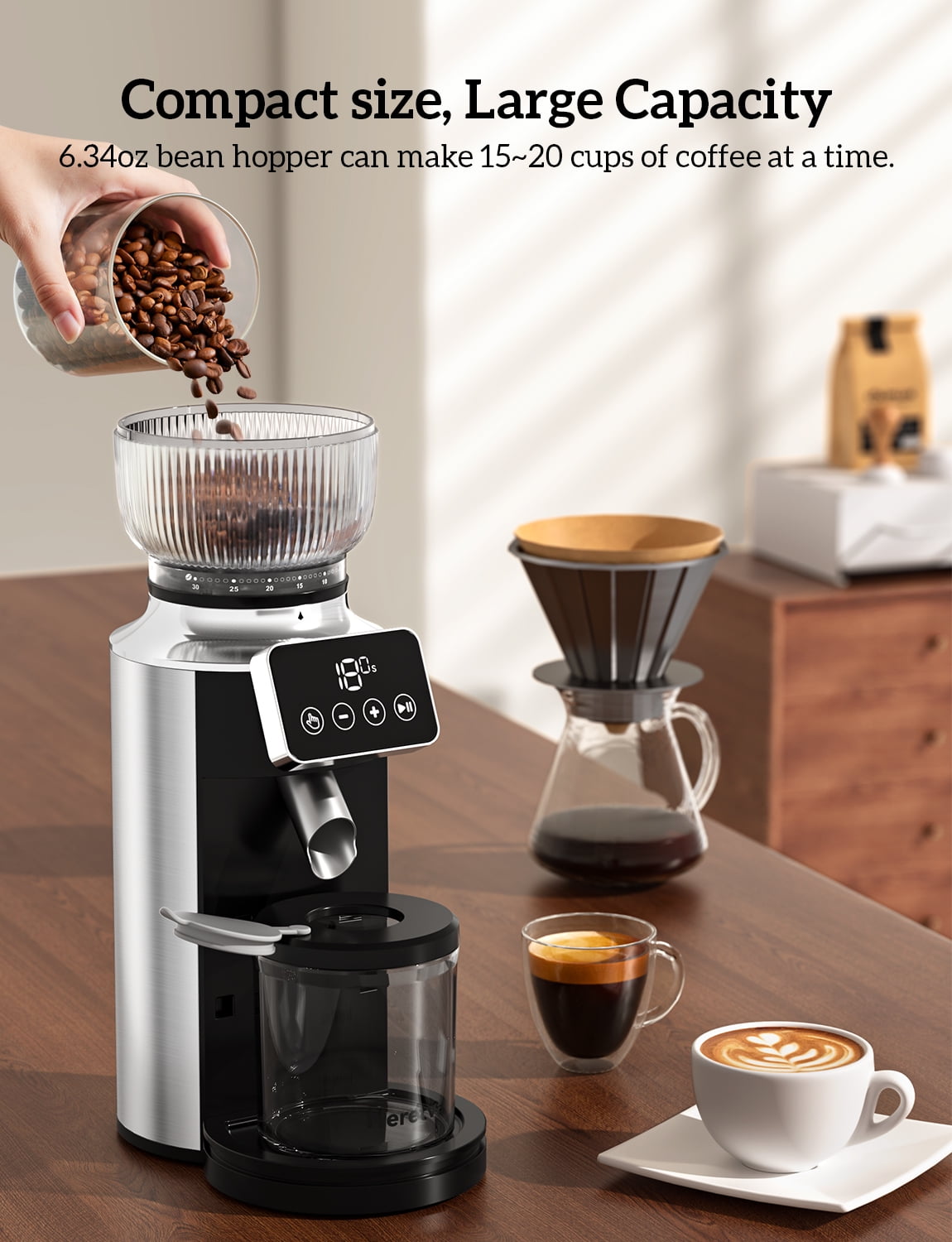 Neretva Burr Coffee Grinder Electric with Portafilter Cradle Coffee Bean Grinder 30 Precise Setting & LED Control Panel