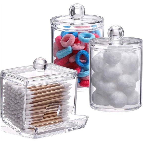 Plastic Qtips Holder Bathroom Container, 10/7 OZ Cotton Ball/Swabs Dispenser, Apothecary Jar Organizer for Storage 3 Pcs