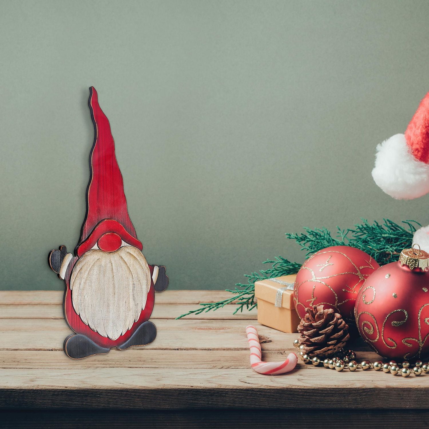 Christmas Wooden Waving Gnome On Stand 12.5"