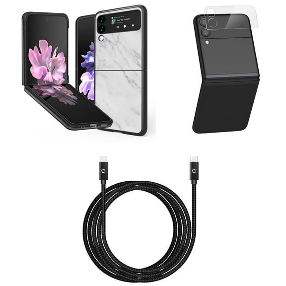 Bemz Premium Bundle for Samsung Galaxy Z Flip 3 5G: Slim Snap-On Protector Case (White Marble), Rear Camera Glass Protector, Nylon Braided USB-C to USB-C Cable (4 Feet)