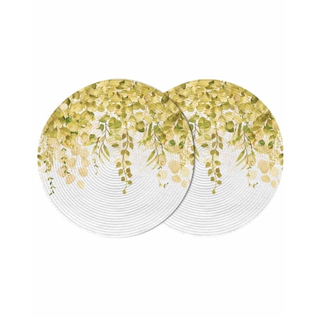 Yellow Eucalyptus Leaves Round 13 Inch Placemats Set of 2 Spring Floral Summer Botanical HeatResistant Non Slip Place Mats for Dining Table Wipeable Braided Kitchen Table Mats for Housewarming