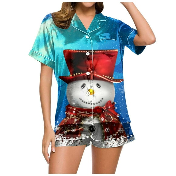 Wyzesi Compression Shorts Suit Women with Cup Pocket Ladies Fashion Casual Christmas Print Pajama Set Silk Satin Short Sleeve Button Up Top and Shorts Set Home Wear Shorts Suit Women Inseam Stretch