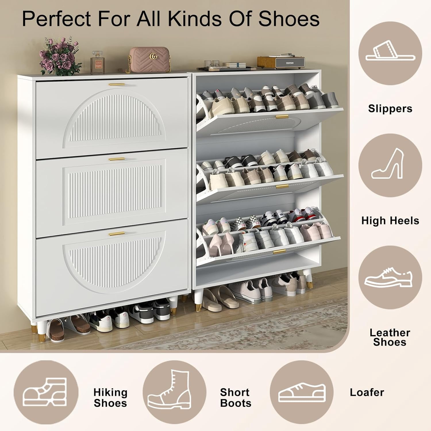 Vinform White Shoe Storage Cabinet for Entryway, Hidden Slim Wooden Shoe Organizer Cabinet with 3 Flip Drawers, Shoe Rack Cabinet for Hallway Living Room