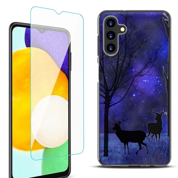 Slim-Fit Protective Fashion Phone Case (Black) for Samsung Galaxy A13 5G, with Tempered Glass Screen Protector, by OneToughShield ® - Midnight Forest