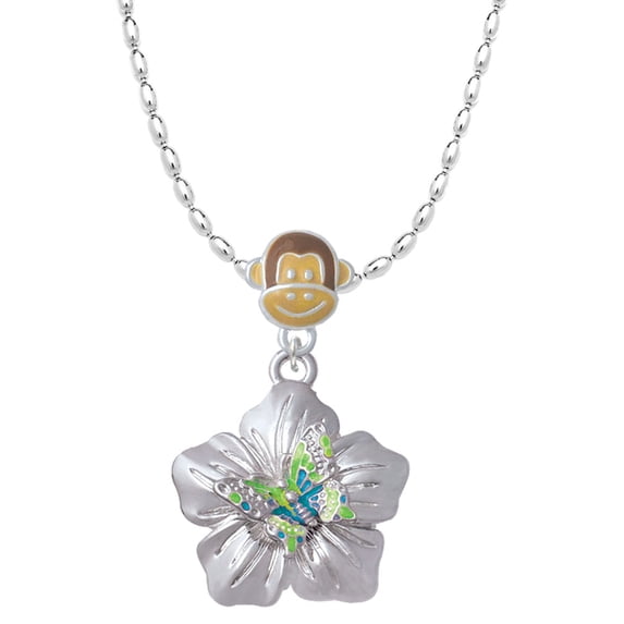 Delight Jewelry Silvertone Lime Green & Hot Blue Butterfly on Large Flower Mia Monkey Charm Necklace