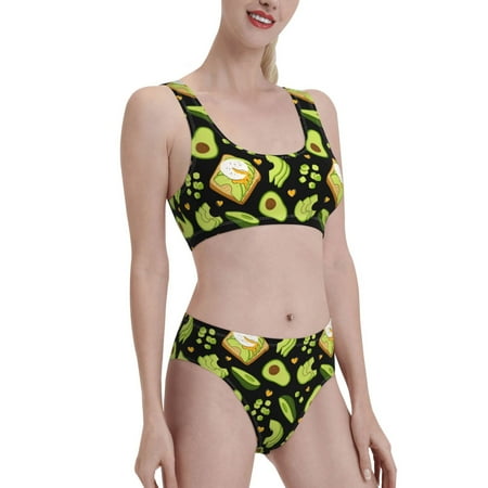 Uemuo Avocado Toast Printed Women s High Waisted Bikini Sets Sporty Two Piece Swimsuits Color Block Cheeky High Cut Bathing Suits-