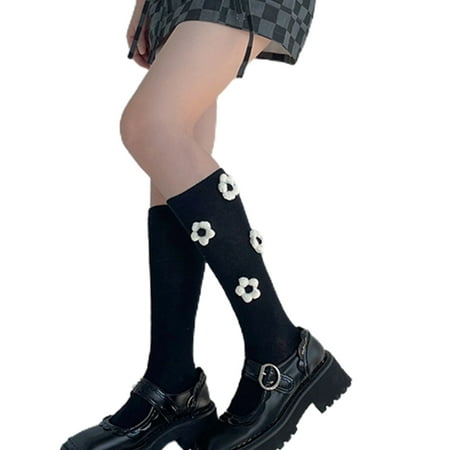 

JUNTEX Japanese Lolita Women Mid Calf Length Socks Harajuku Cute 3D Crochet Faux Wool Flower Black White Kawaii Tube Stockings