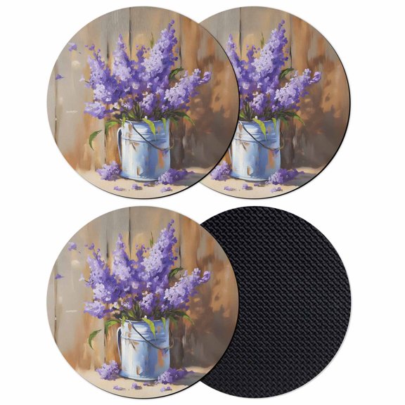 Lavender Coasters Set of 4, Spring Floral Purple Watercolor Vintage Absorbent Coasters for Drinks, Coaster for Bar Office Dining Coffee Table Accessories Decor, Non Slip Round Desk Coaster