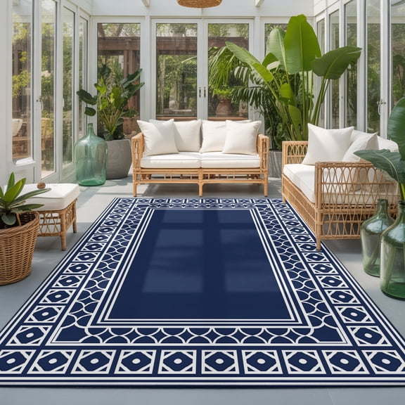 Navy Blue Washable Living Room Rugs 6'x9', Boho Diamond Pattern Border Rustic Southwestern Washable Throw Large Area Rug Non-Slip Sturdy Edge Binding Carpet for Dining Room Kitchen Office