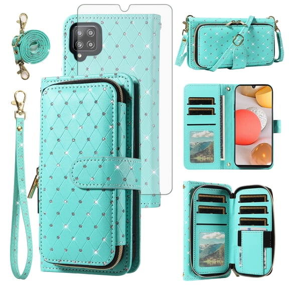Asuwish Wallet Phone Case for Samsung Galaxy A42 5G Tempered Glass Screen Protector Bling Glitter Crossbody Lanyard Strap Flip Zipper Purse Card Holder Cell Cover A 42 G5 42A S42 4G 2021 Women Green
