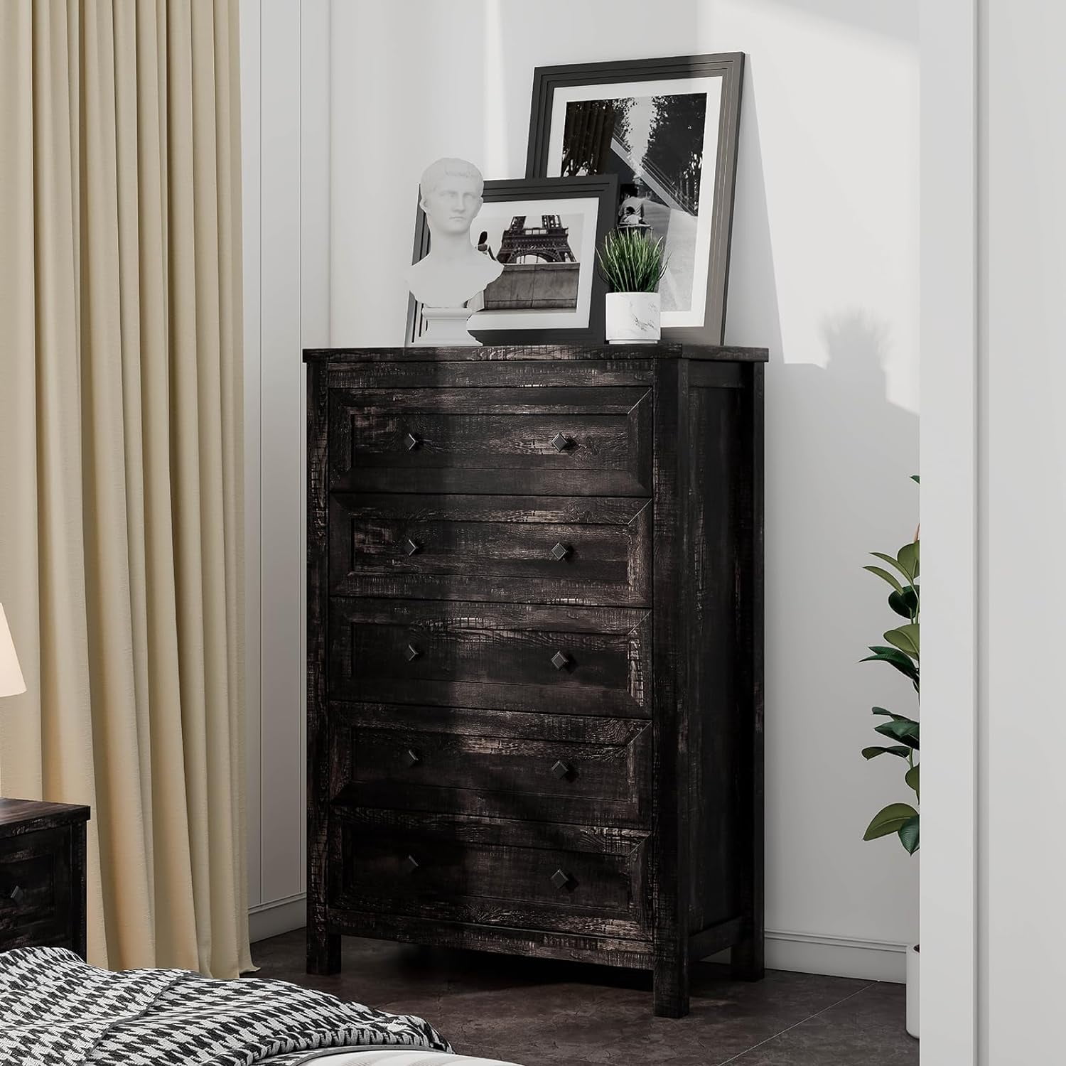 VANACC Farmhouse 5 Drawers Dresser, Wood Chest of Drawers for Bedroom, Living Room, Black Oak