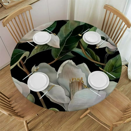 

BCIIG White Flowers Green Leaves Buds Round Table Cover Stain Resistant Washable Indoor Outdoor Tablecloth Kitchen Dining Wedding Parties Table Cloth 100% Polyester Fiber 42-46