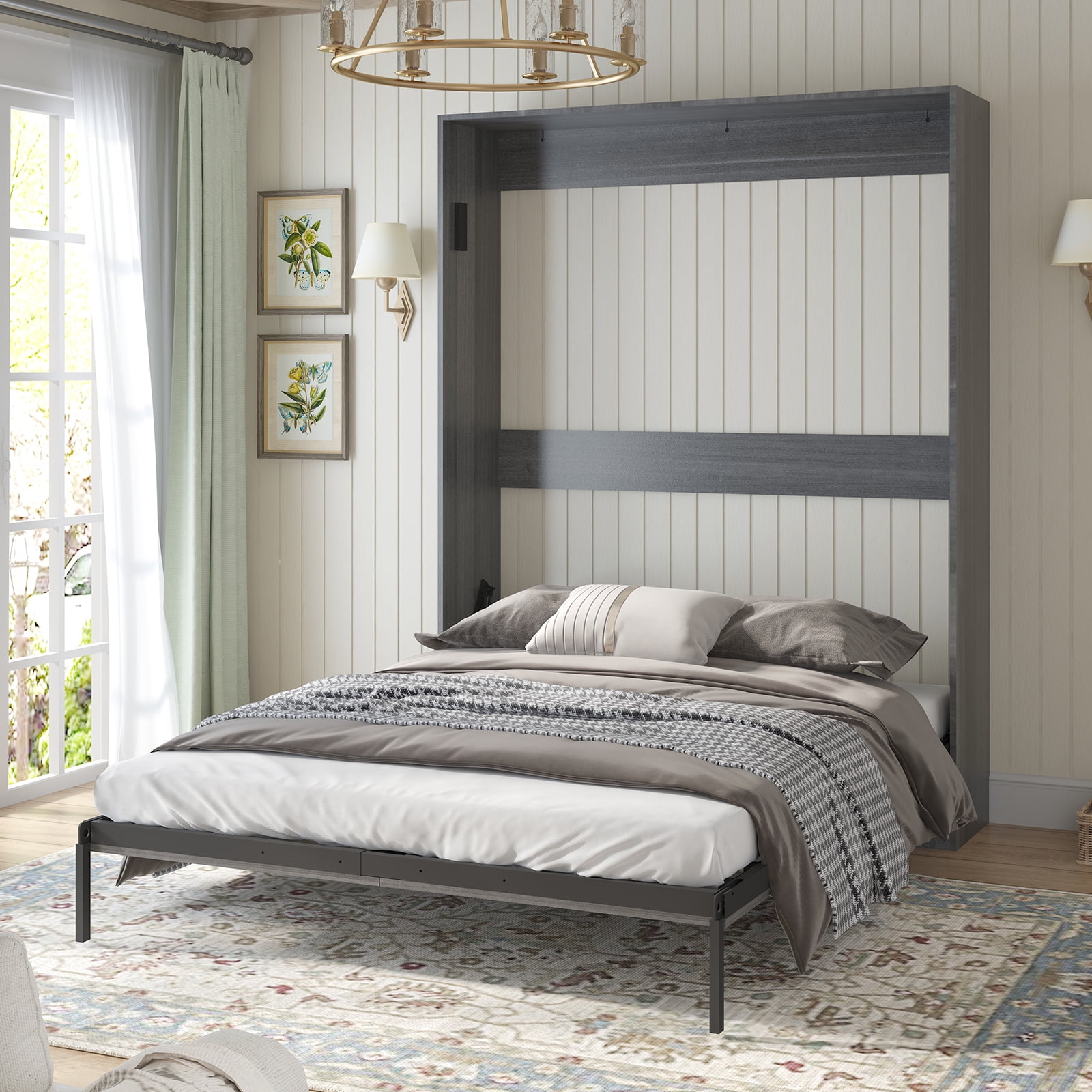 MUZZ Queen Murphy Bed with Upright Wardrobe, Space Saving Folding Murphy Wall Bed Cabinet for Bedroom /Apartment (Dark Grey/Style 11)