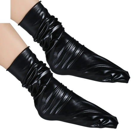 

JUNTEX Women Girls Faux Patent Leather Loose Crew Socks Funny Shiny Metallic Wetlook Solid Color Warm Mid Tube Stockings Clubwear