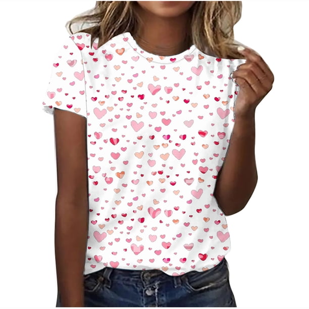 Camisetas Casuales de Mujer Día de San Valentín Impreso Cuello Tripulado Manga Corta, Top de Moda para la Fiesta Y Diario