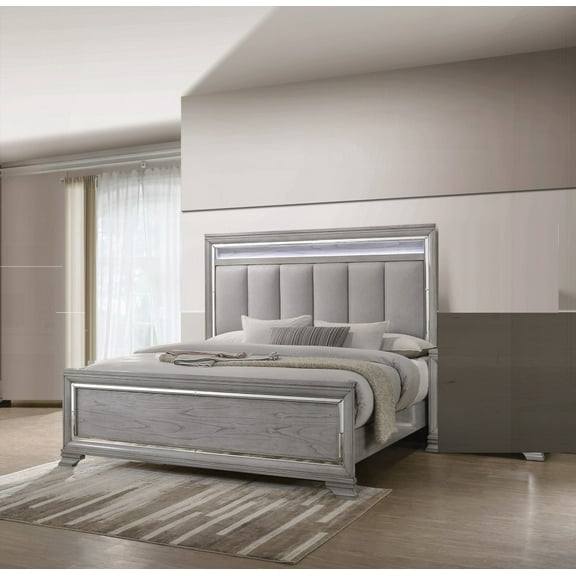 Modern Glam Headboard with LED Light & Silver Strip - King Size Bedroom Furniture