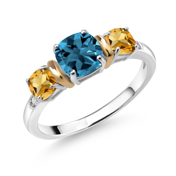 Gem Stone King 1.80 Cttw London Blue Topaz Yellow Citrine and Diamond 3-Stone Ring for Women | 925 Silver and 10K Yellow Gold | Three Stone Wedding Engagement Anniversary Promise Ring | Size 7