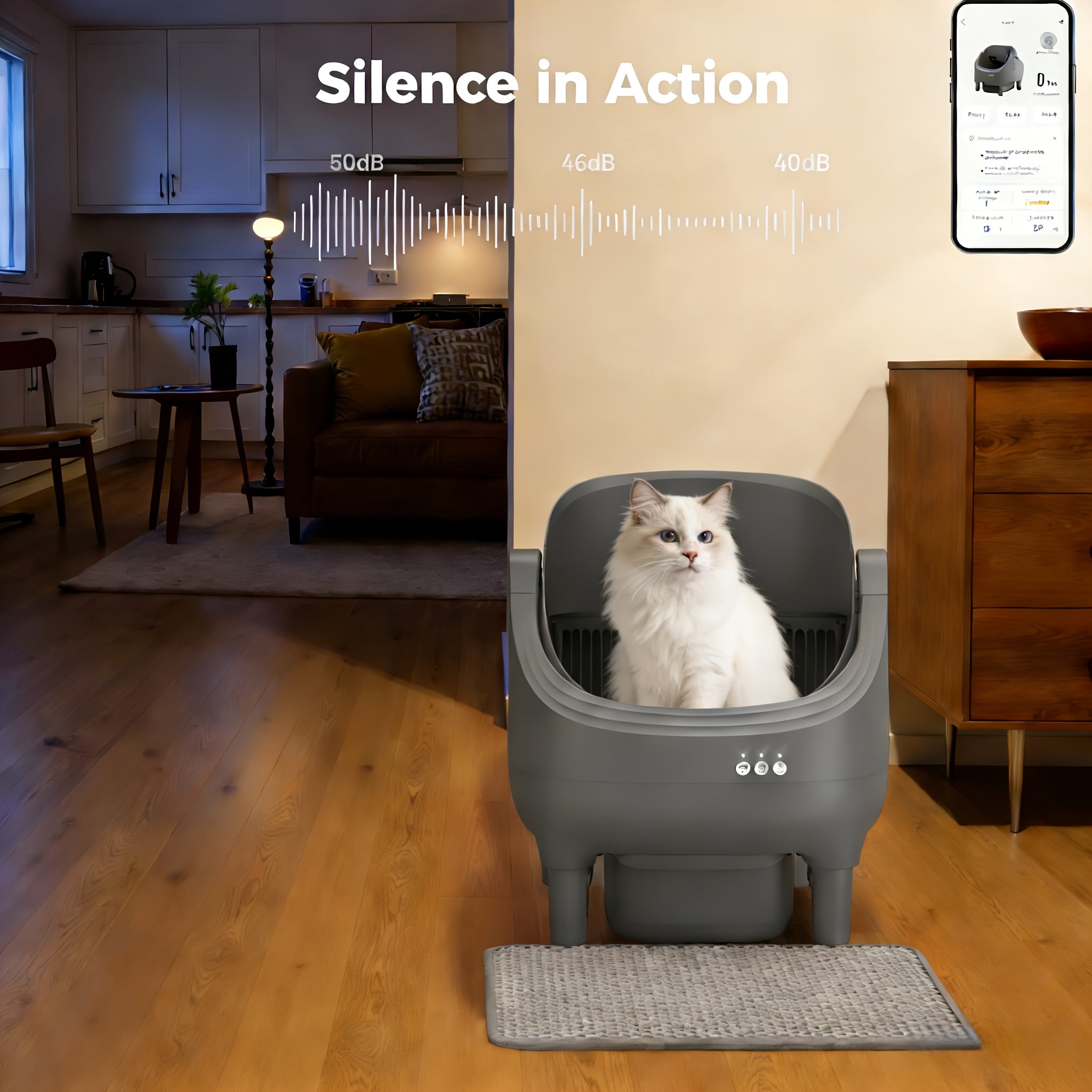 3.43 Gal Extra Large Gray Self Cleaning Cat Litter Box, 2.4G Wifi Automatic Kitty Litter Boxes, Double Odor Removal Safety Protection With App Control, Contain 1 Rolls Liners Bags, 1 Cat Litter Mat