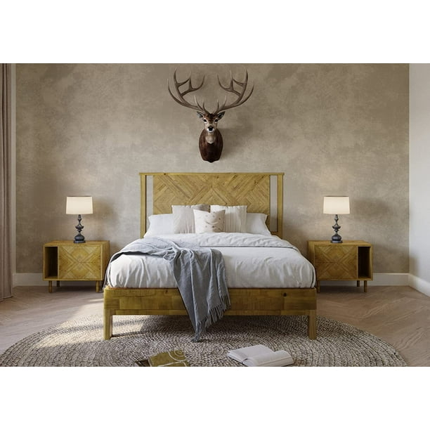 Bme Queen Size Ethan Deluxe Wooden Bed Frame with Headboard, Rustic