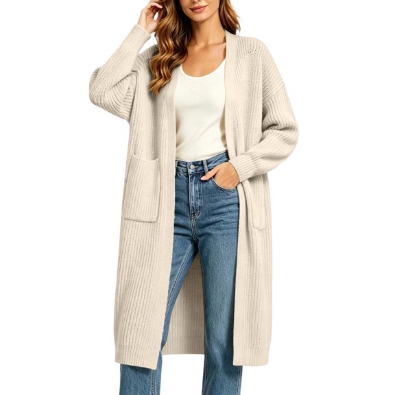 ClodeEU Women's Solid Color Long Sleeve Knit Cardigan with Pockets,Casual Loose Maxi Sweater Jacket ,Women's Plus L