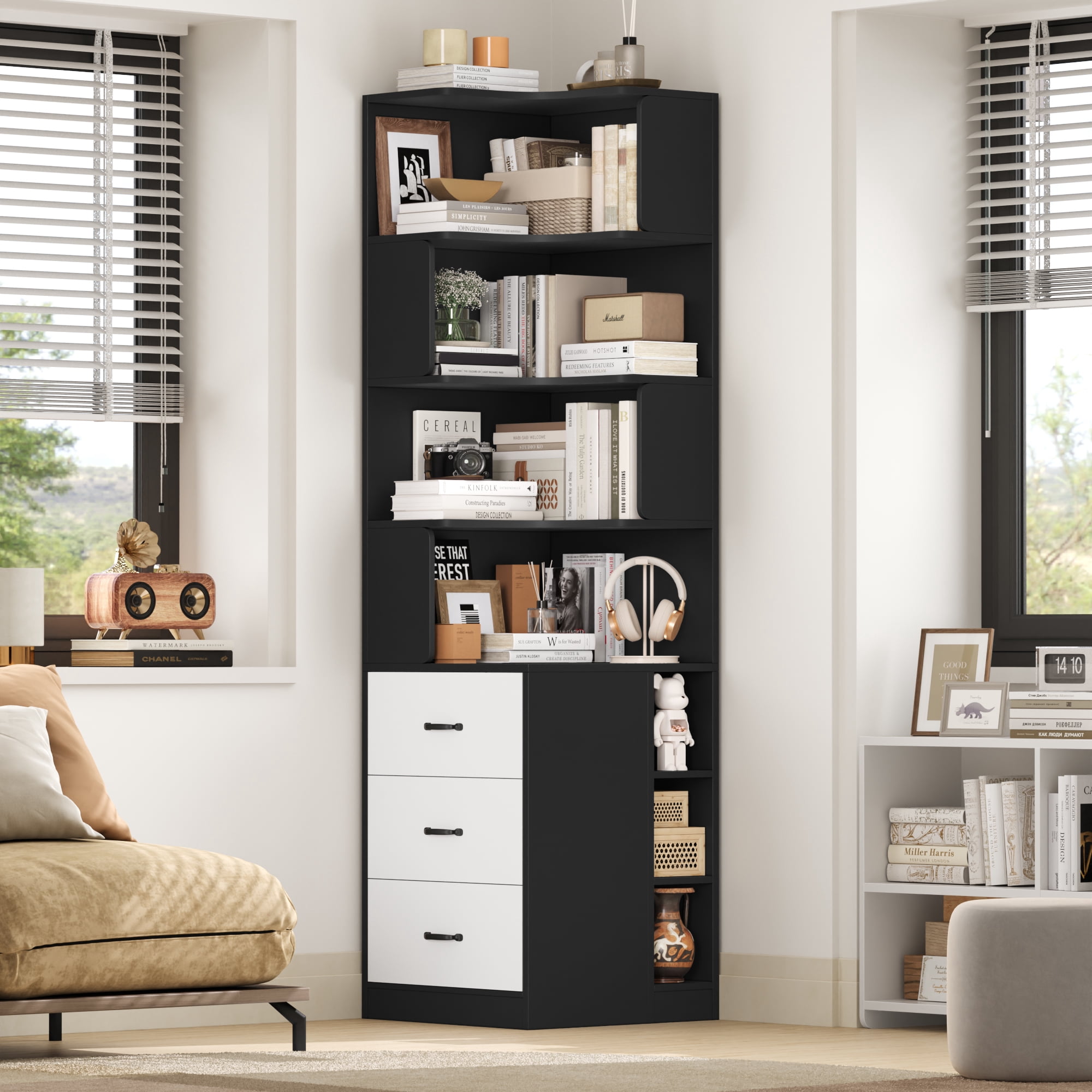 Hiphuta 77"Tall L-Shaped Corner Bookshelf with Drawers and Side Storage, Modern Wood Bookcase with 4-Tier Display Shelves Storage Cabinet for Living Room Home Office , Black & White