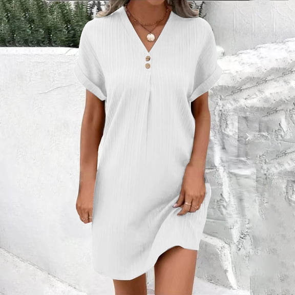 Daiosportswear Summer Dresses for Women Casual Button V Neck Short Sleeve Tunics A Line Ribbed Mini T Shirt Dress, Short-Sleeved Dress for Women White 4(S)