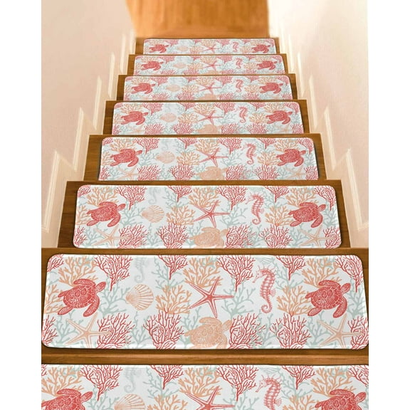 Red Orange Coastal Stair Treads for Wooden Steps Indoor Runner Rug Carpet, Sea Turtle Nautical Coral Summer Beach 7 Pieces Peel and Stick Staircase Step Treads Covers Washable Throw Door Mats, 30"x8"