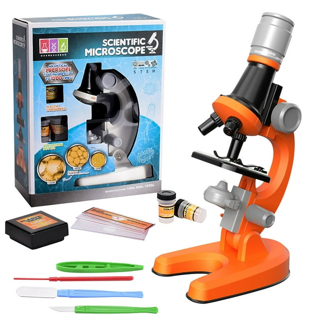 Orange Microscope Kit For Kids 1200X Magnification Educational Science Toy With Led Light Biological Experiment Orange