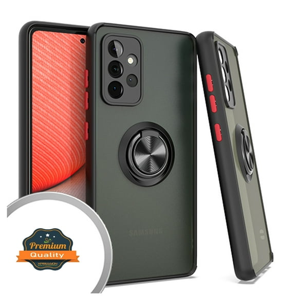 Xpression Case for Samsung Galaxy A72 5G Finger Ring Stand Holder Kickstand Hybrid Frosted Matte Silicone Soft TPU Hard Frame Shockproof Bumper Phone Cover [Black]