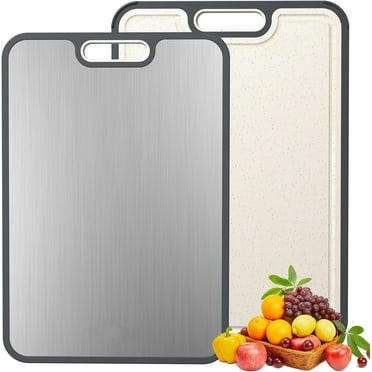 2-in-1 Stainless Steel & Wheat Straw Cutting Board – 15x10” Double-Sided Chopping Board with Non-Slip Base, Juice Groove, Garlic Grinder – Dishwasher Safe for Meat, Vegetables, Camping Gifts
