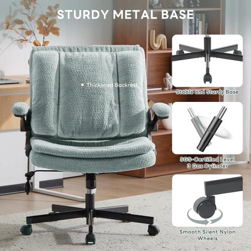 Criss Cross Legged Office Chair with Flip-Up Back, Built-In Dynamic Airbag Lumbar Support, Wide Seat Desk Chair with Flip-Up Arms, Modern Cross-Leg Chair for Home Office, Vanity, Light Green