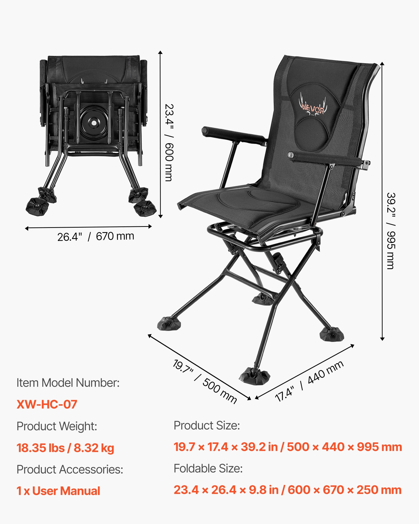 VEVOR Hunting Chair, 360° Silent Swivel, Foldable Portable Blind Chair, Heavy-Duty Steel Frame Ground Stool Seat, with Armrests, Adjustable Carry Strap, Anti-Sink Feet, 300 Lbs Capacity for Fishing