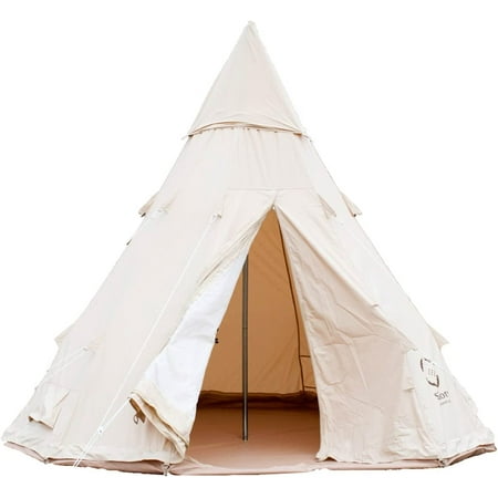 Canvas Bell and Teepee Camping Tent Water Resistant Hot Tent with Stove Jack 4 Season Outdoor Glamping Tent Roomy Yurt and Tipi Tent for 3-6 Person Family 10/13 Ft