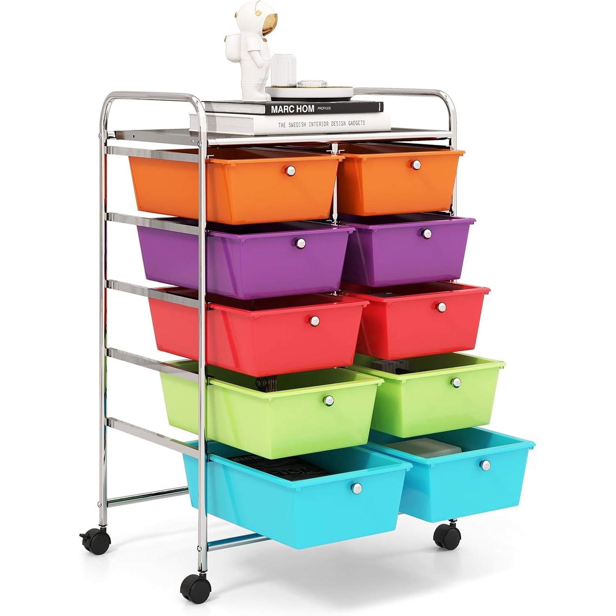 GOFLAME 10-Drawer Rolling Storage Cart Art Craft Storage Organizer on Wheels Multipurpose Movable Utility Cart for School Office and Home Multicolor