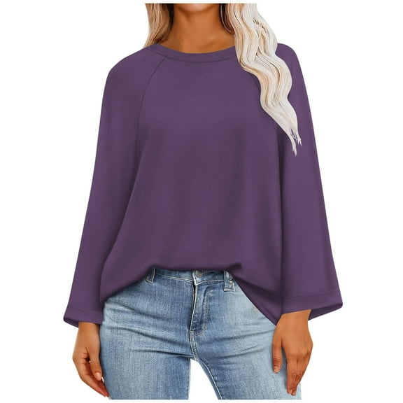 Scyoekwg Casual Long Sleeve Shirts for Women Crewneck Raglan Sleeve Elegant Shirts Fashion Loose Fall Clothes Solid Color Dressy Blouses Vintage Blouses(Purple,M)