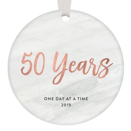 Christmas Day 2019 50 Years One Day At A Time Keepsake Ornament Christmas 2019 Milestone 50th Anniversary Recovery Gift Ideas Clean & Sober Men Women Holiday Present Sleek Rose Gold Marble 3