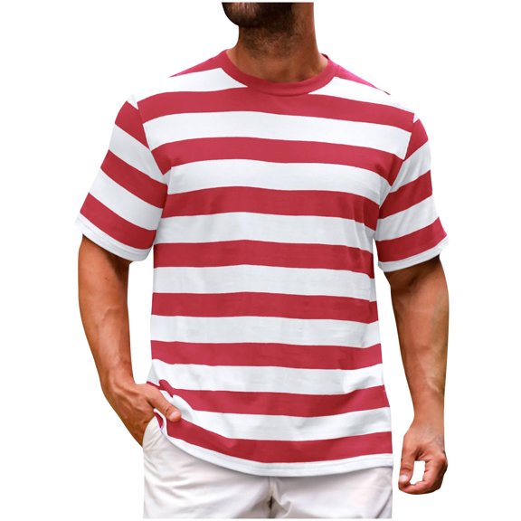 Jalioing Striped T Shirts for Men Short Sleeve Classic Basic Shirt Summer Casual Crew Neck Vacation Tee Shirt