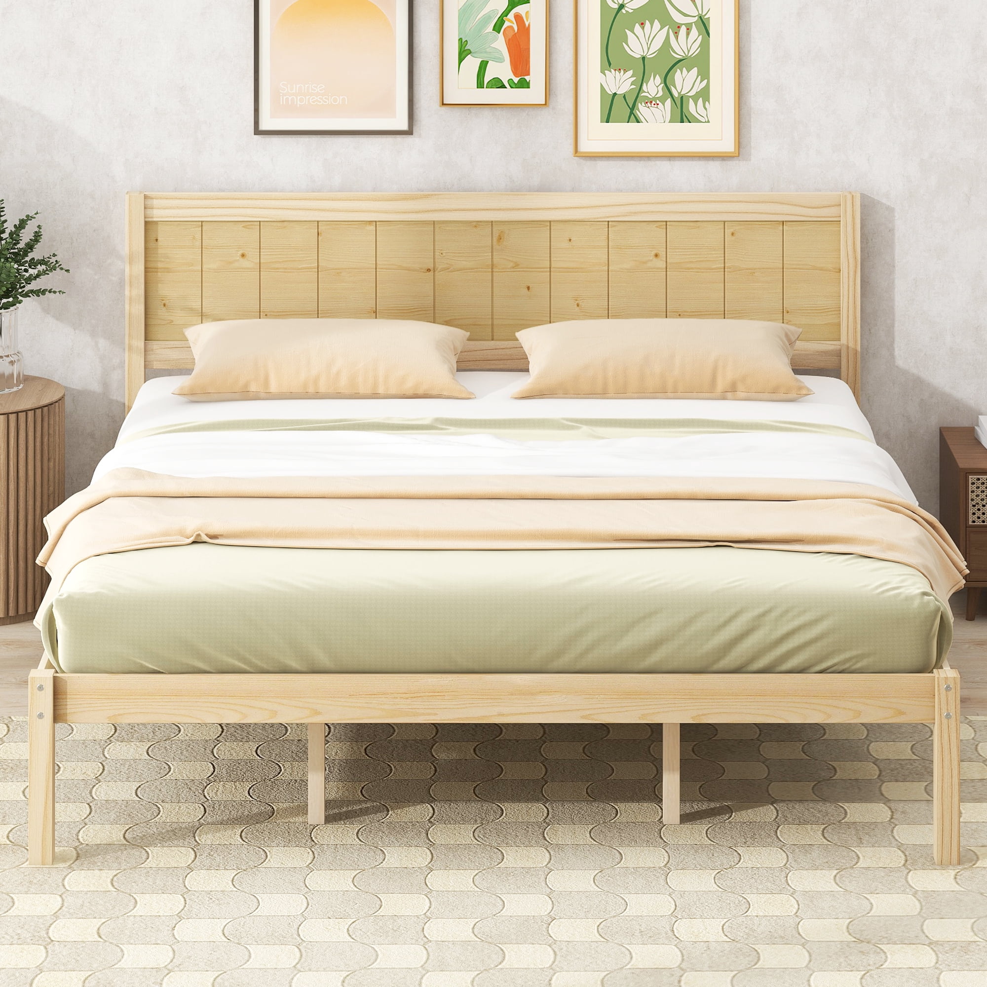 Euroco King Size Wood Platform Bed with Headboard and Slats, Natural