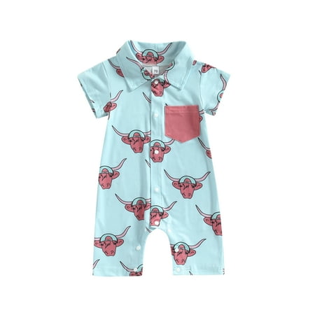 

Sunisery Infant Baby Boys Romper Cow Head/Skateboarding Letter Print Short Sleeve Turn-Down Collar Jumpsuits Summer Bodysuits