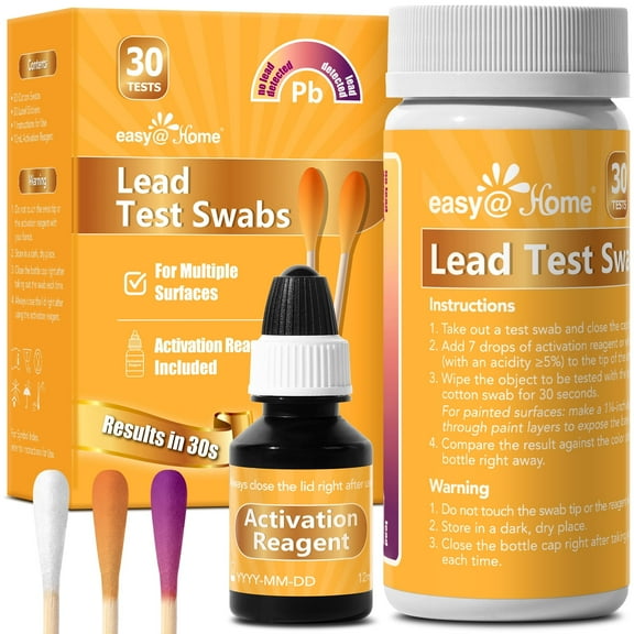 Easy@Home Lead Test Kit with Vinegar – 30 Rapid Testing Swabs with 30‑Second Colour‑Change Results. at Home Lead Test Kits Use for Paint, Toys, Dishes, Metals, Ceramic, Wood #EZLT-S:30(REAGENT-12ML)