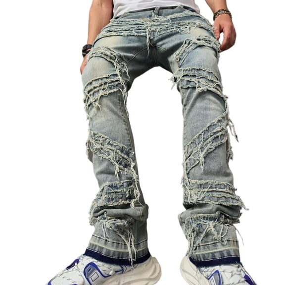 Reppunk Vintage Style Men Stylish Patch Splicing Slim Straight Biker Jeans Pants Streetwear Male Motorcycle Denim Trousers
