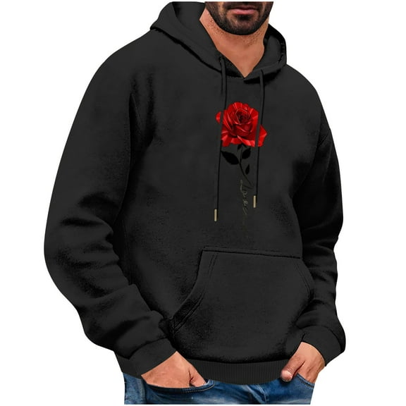Goodeals Clearance Sale,Men's Rose Printed Sweatshirts Aesthetic Fleece Hoodies Casual Graphic Basic Sweatshirt Fashion Valentines Shirts Lovers Casual Clothes(Black,L)