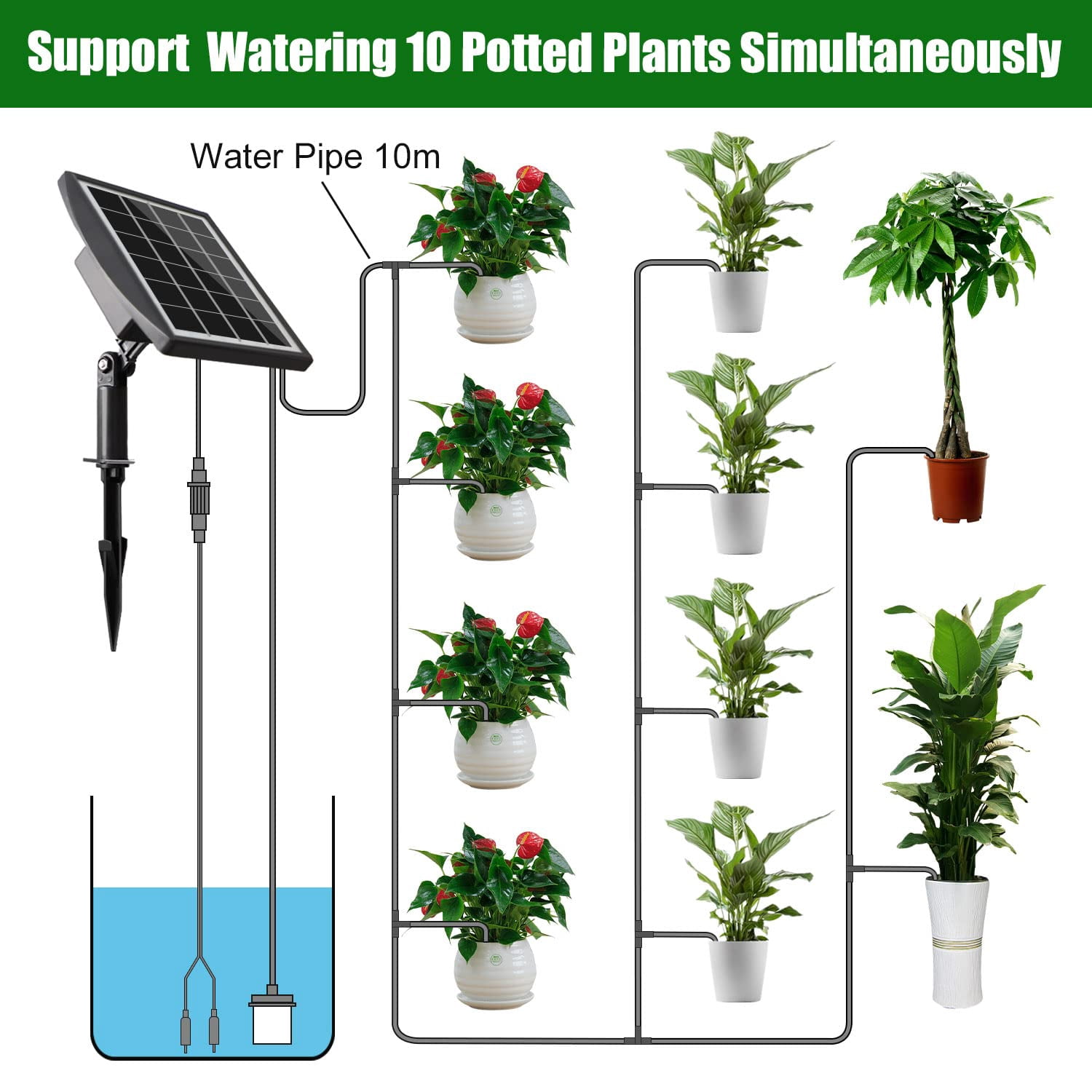 Solar Automatic Drip Irrigation Kit System Solar Powered Auto Easy DIY Watering Device Supported Pots Plants 6 Timing Modes