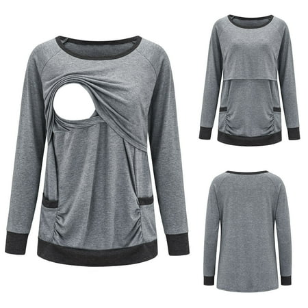 

Tejiojio Maternity/Labor/Nursing Clothing Clearance Ladies Fashion Solid Color Wrinkles Cotton Round Neck Long Sleeve Maternity Breastfeeding Clothe Top