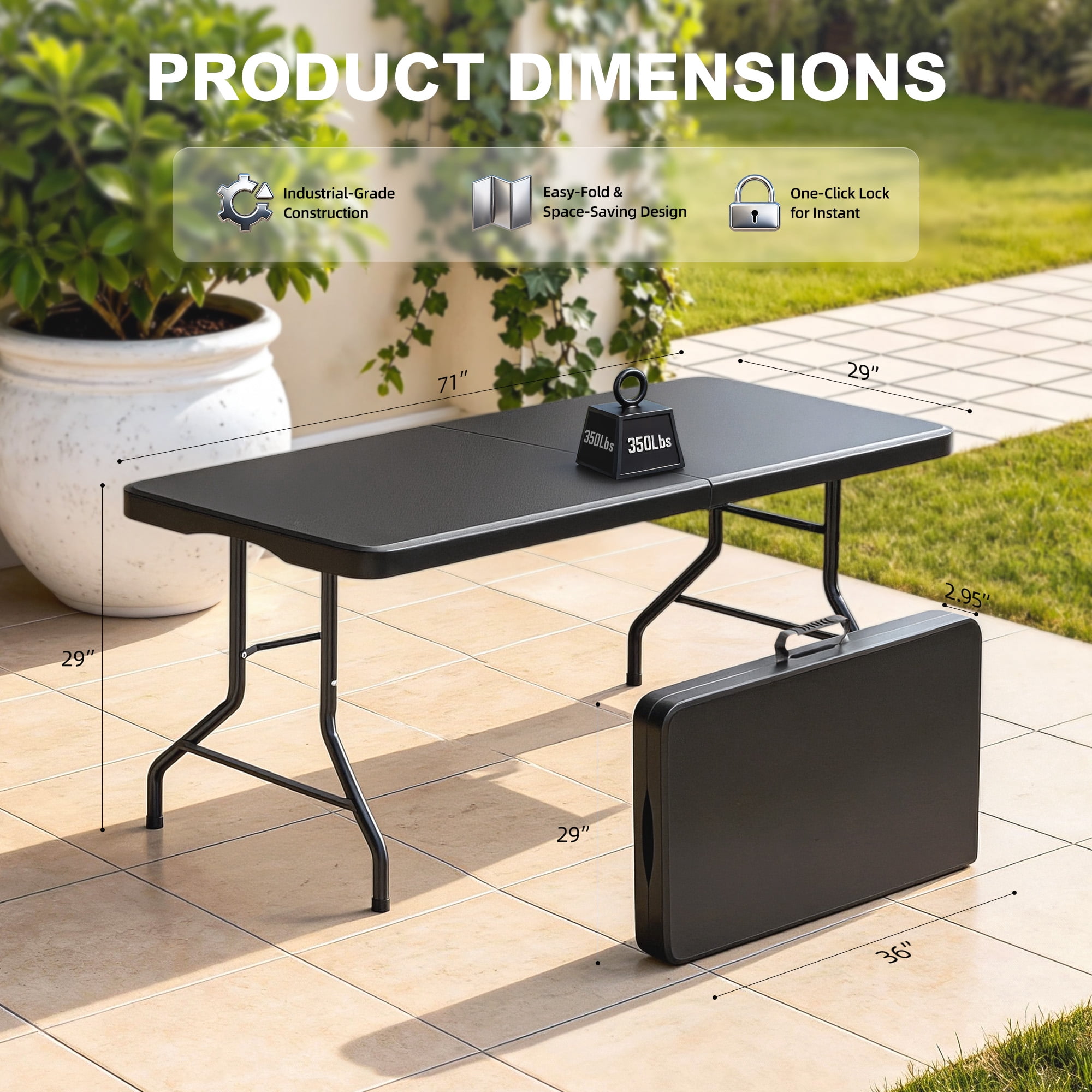 Furnibear Folding Table,6FT Portable Heavy Duty Plastic Fold-in-Half Table with Carrying Handle for Indoor Outdoor Events,Picnic,Party,Camping,BBQ,Black