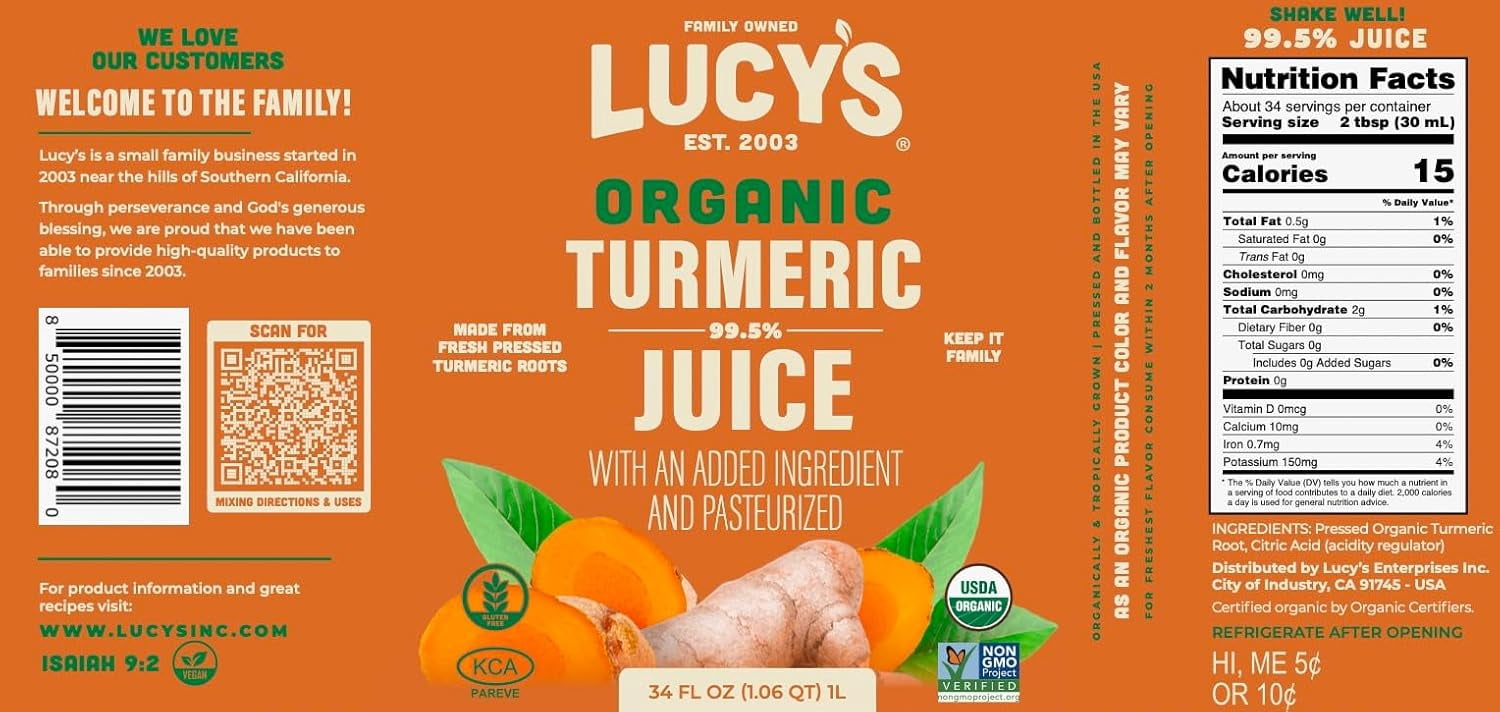 Lucy’s Fiji Turmeric Organic Non-GMO 99% Pure Turmeric Juice - 34 oz Glass Bottle (Made from Fresh Pressed)
