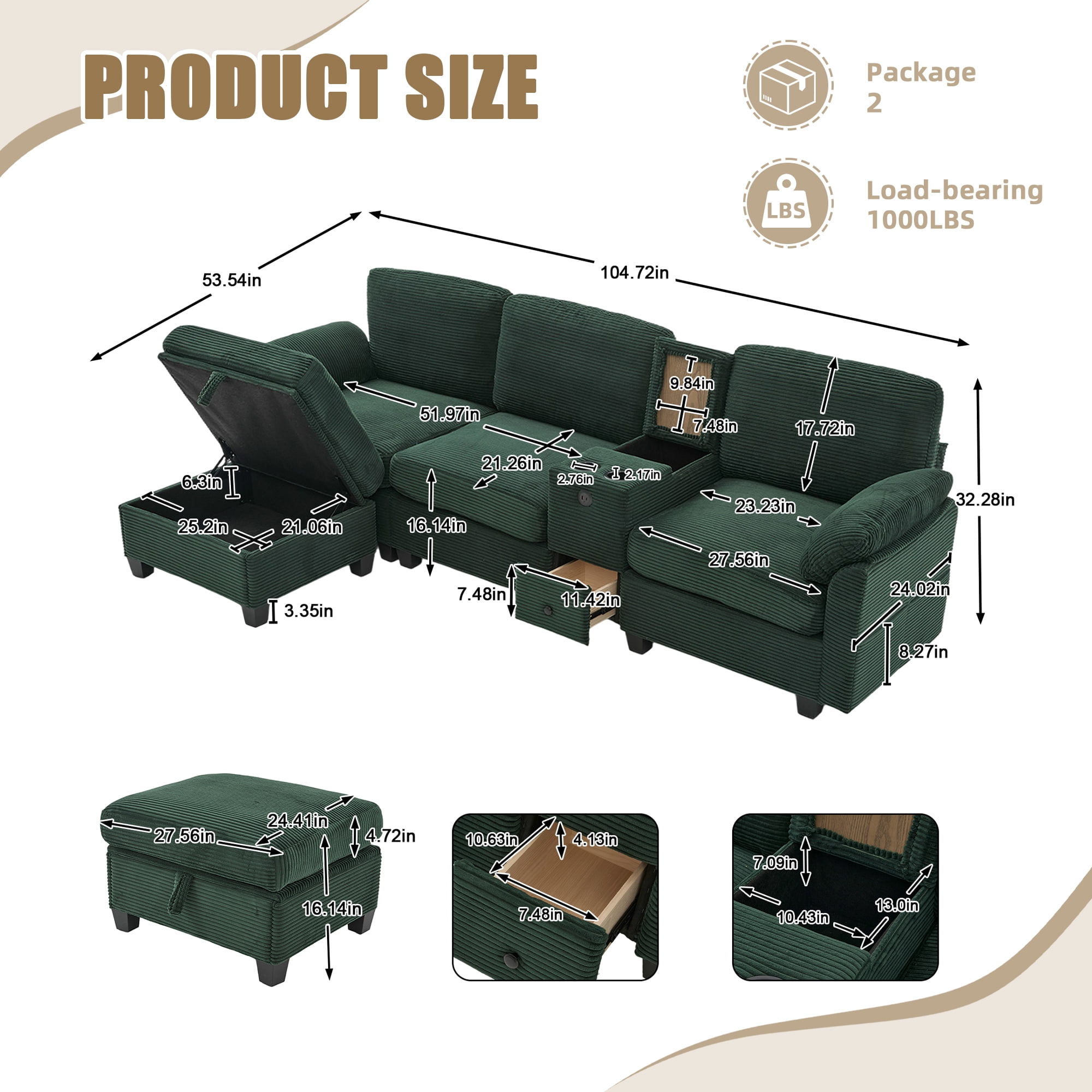 MOONMISS Corduroy Upholstered L-Shaped 4-seater Storage Multifunctional Sectional Sofa with Storage Ottoman-Emerald