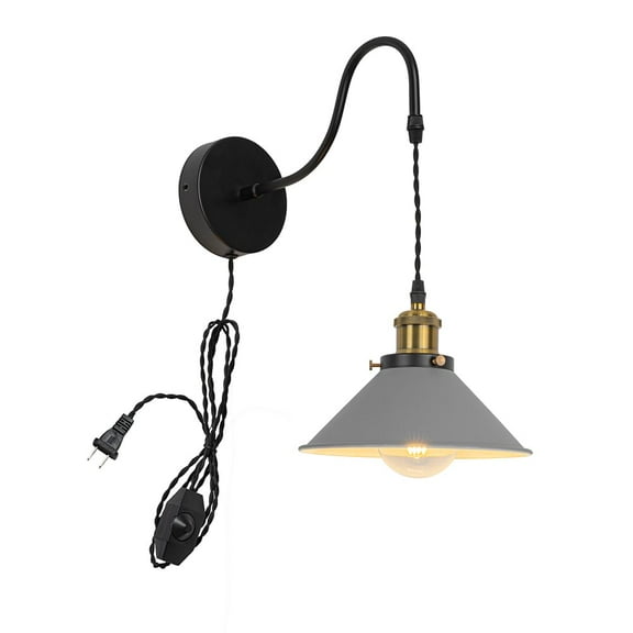 KAYYELAMP 1Pcs Corded Adjustable Black Gooseneck Grey Metal Shade Wall Sconce 9.8Ft Dimmer Cable Retro Design Wall Lighting for Bedroom Kitchen Farmhouse Bar